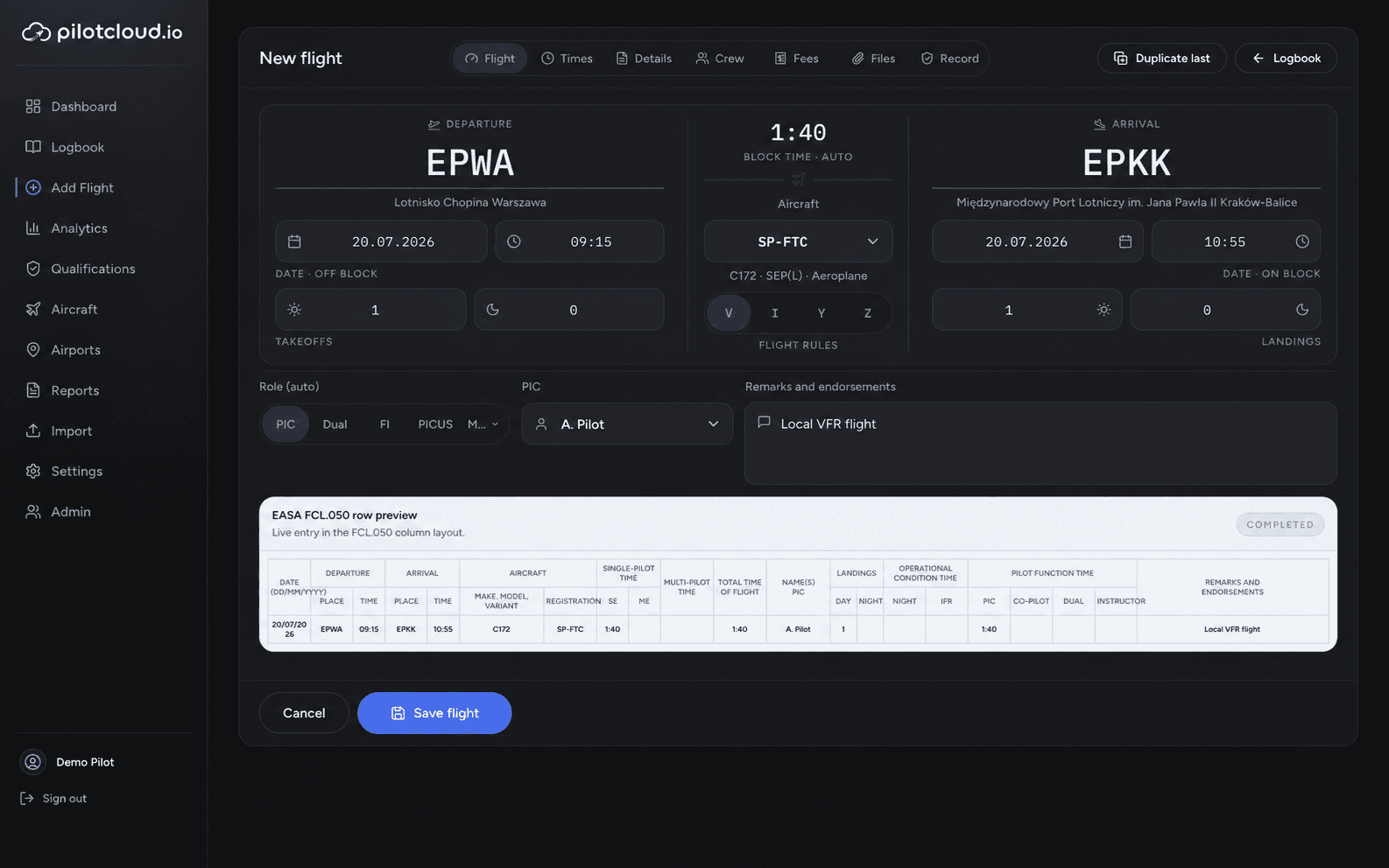 pilotcloud Add Flight screen with a live EASA logbook preview showing block time, night time and landings